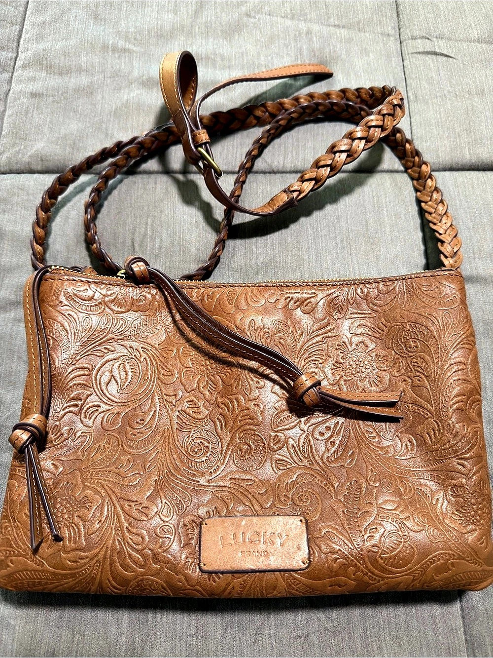 Lucky Brand Leather Crossbody Bag Braided Strap Floral Pattern
